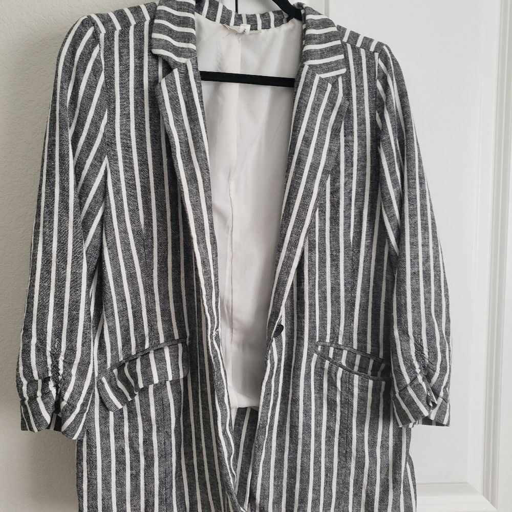 BP. Linen Blend Zibra Stripe Ruched Sleeves Blazer
